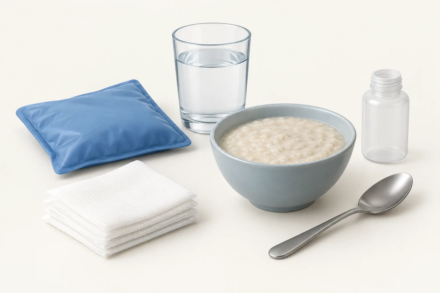 발치 후 쓰는 거즈와 냉찜질 주머니, 물, 부드러운 음식을 모아 놓은 도식
