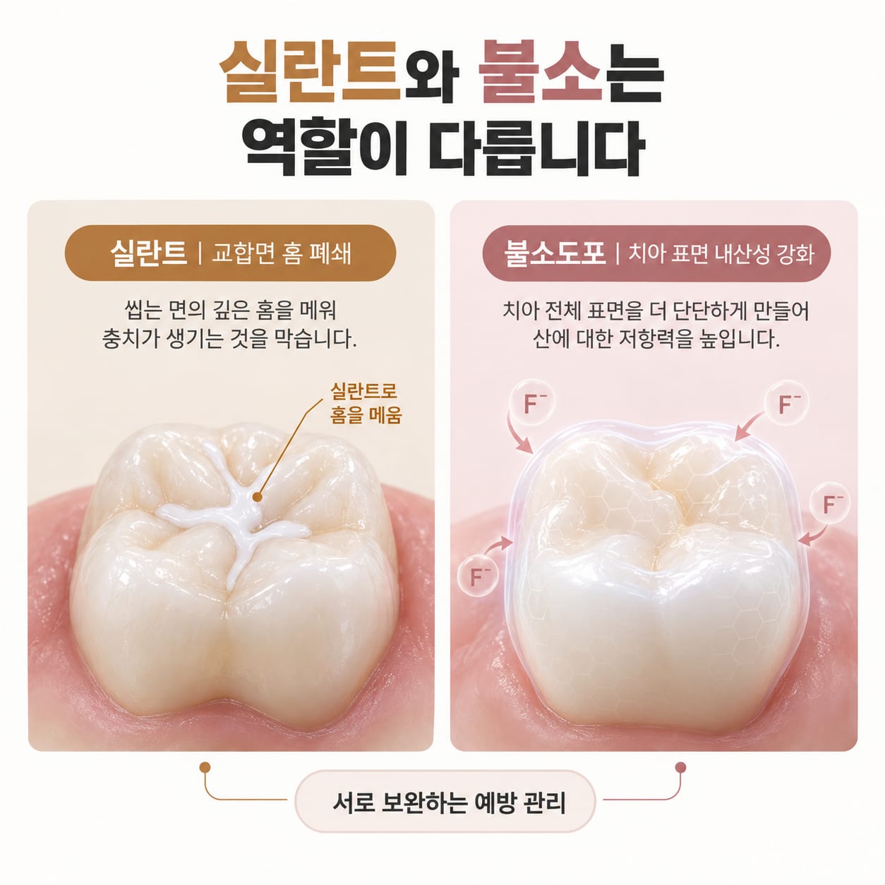 실란트는 교합면 홈을 폐쇄하고 불소도포는 치아 표면의 내산성을 높인다는 역할 비교 그림