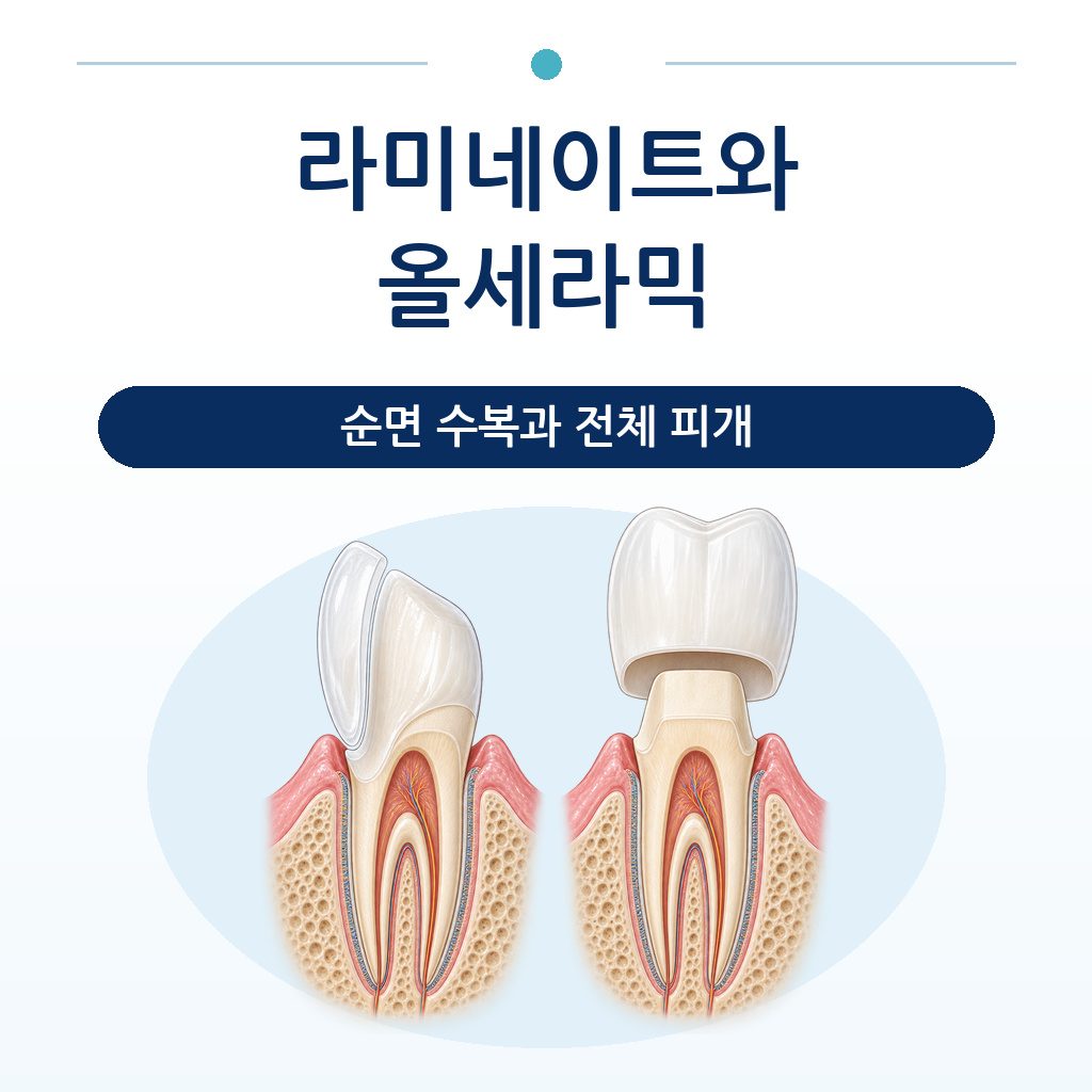 치아 단면으로 라미네이트의 순면 수복과 올세라믹의 치관 전체 피개를 나란히 비교한 그림