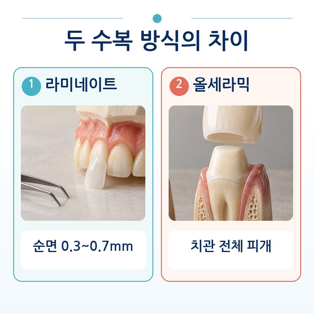 라미네이트의 순면 0.3~0.7mm 삭제와 올세라믹의 치관 전체 피개를 나란히 비교한 그림